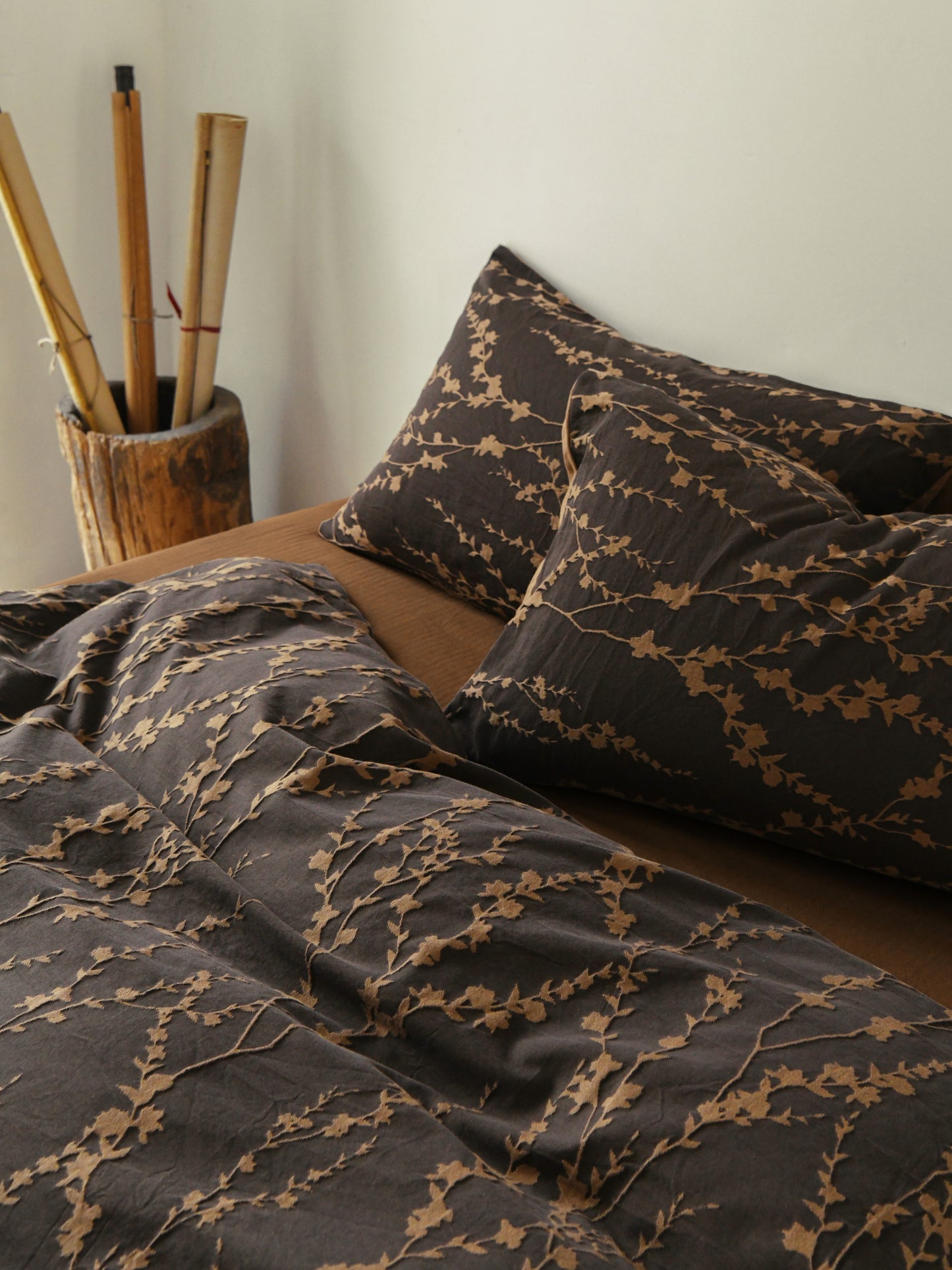 Cocoa Vine Bedding Set featuring brown vine pattern on soft fabric, perfect for earthy modern bedroom decor.
