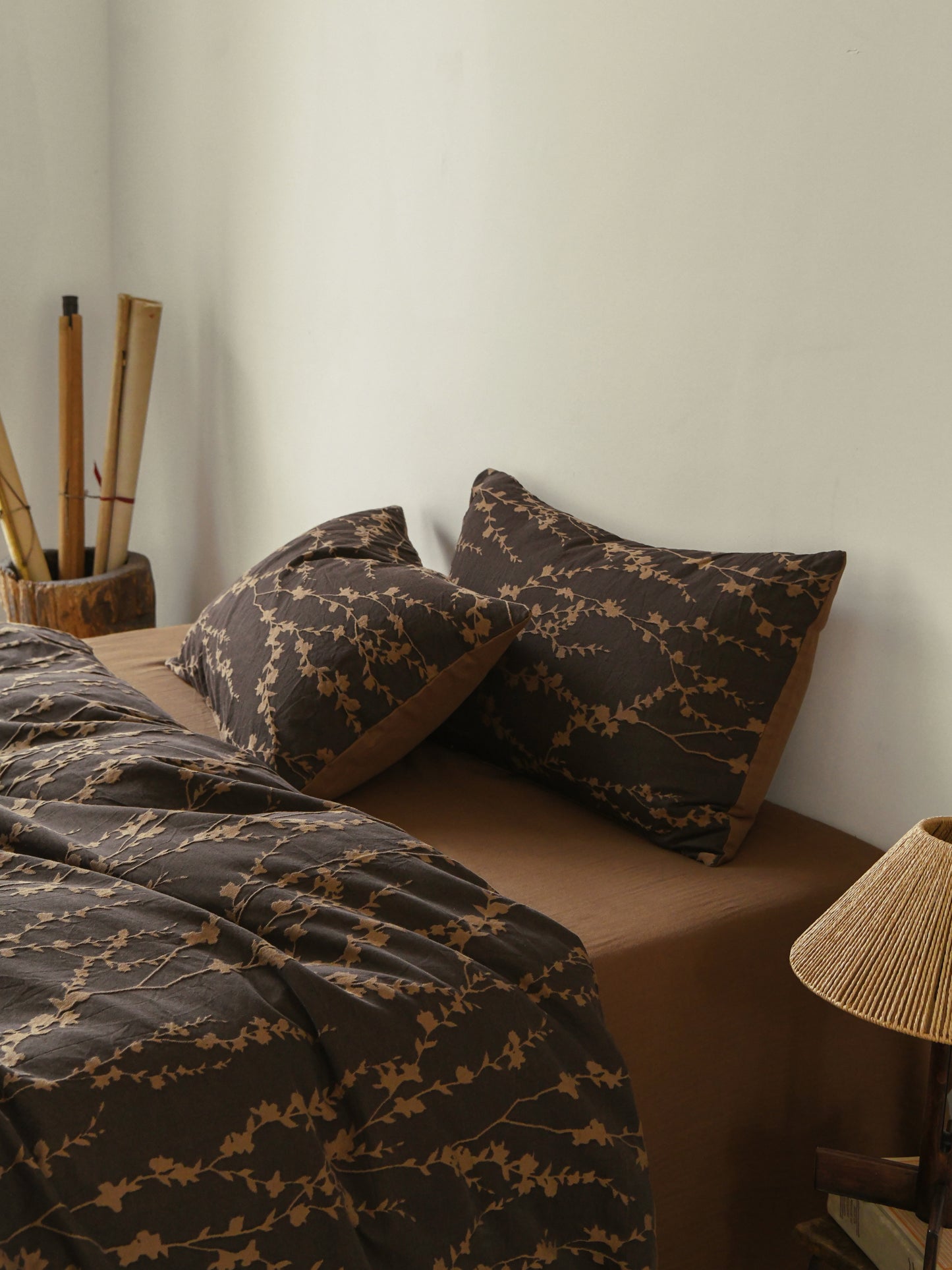 Cocoa vine bedding set featuring brown vine-patterned design, perfect for earthy modern bedroom decor.