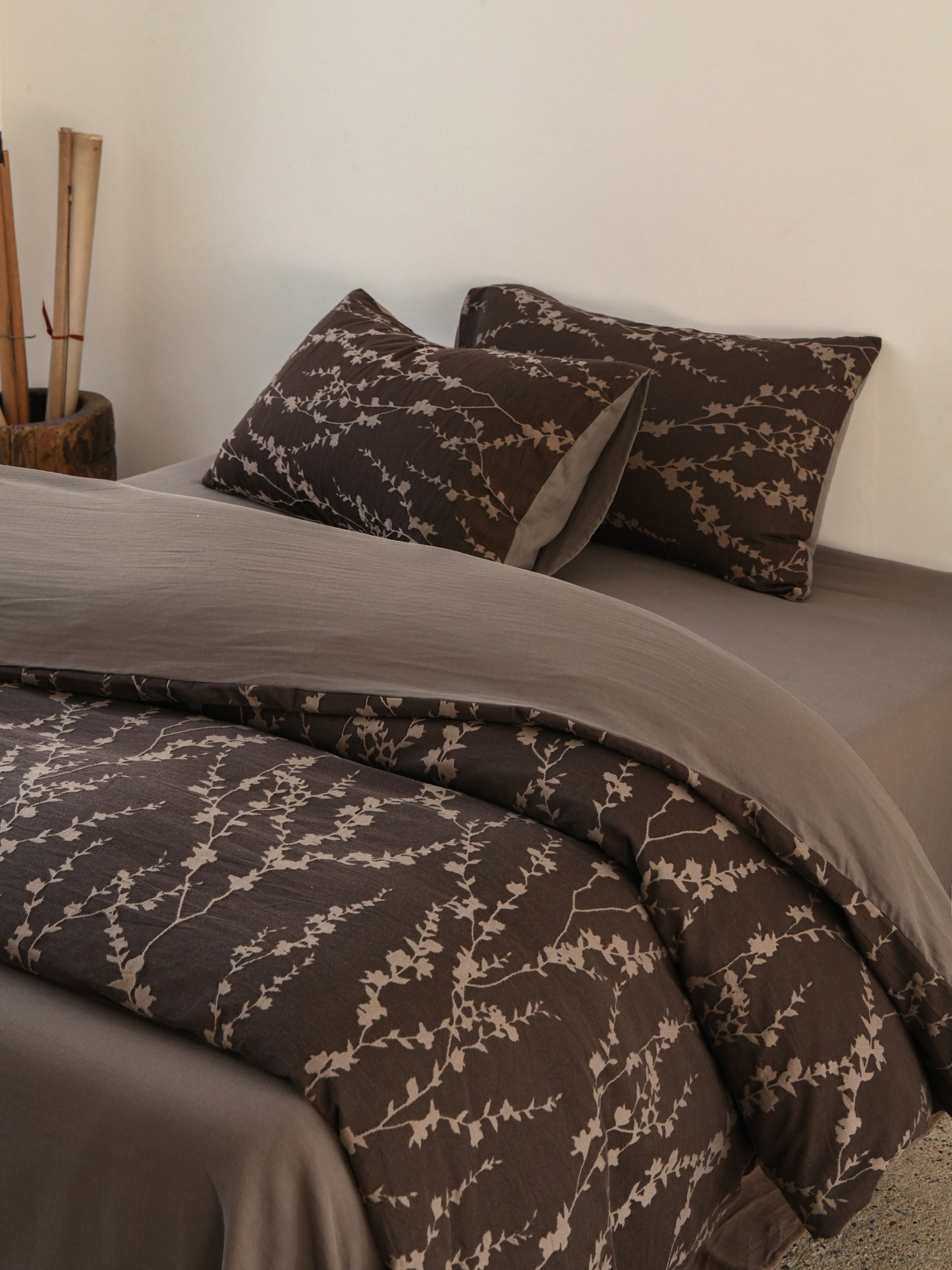 Taupe vine bedding set featuring organic patterns for a serene and sophisticated bedroom aesthetic.
