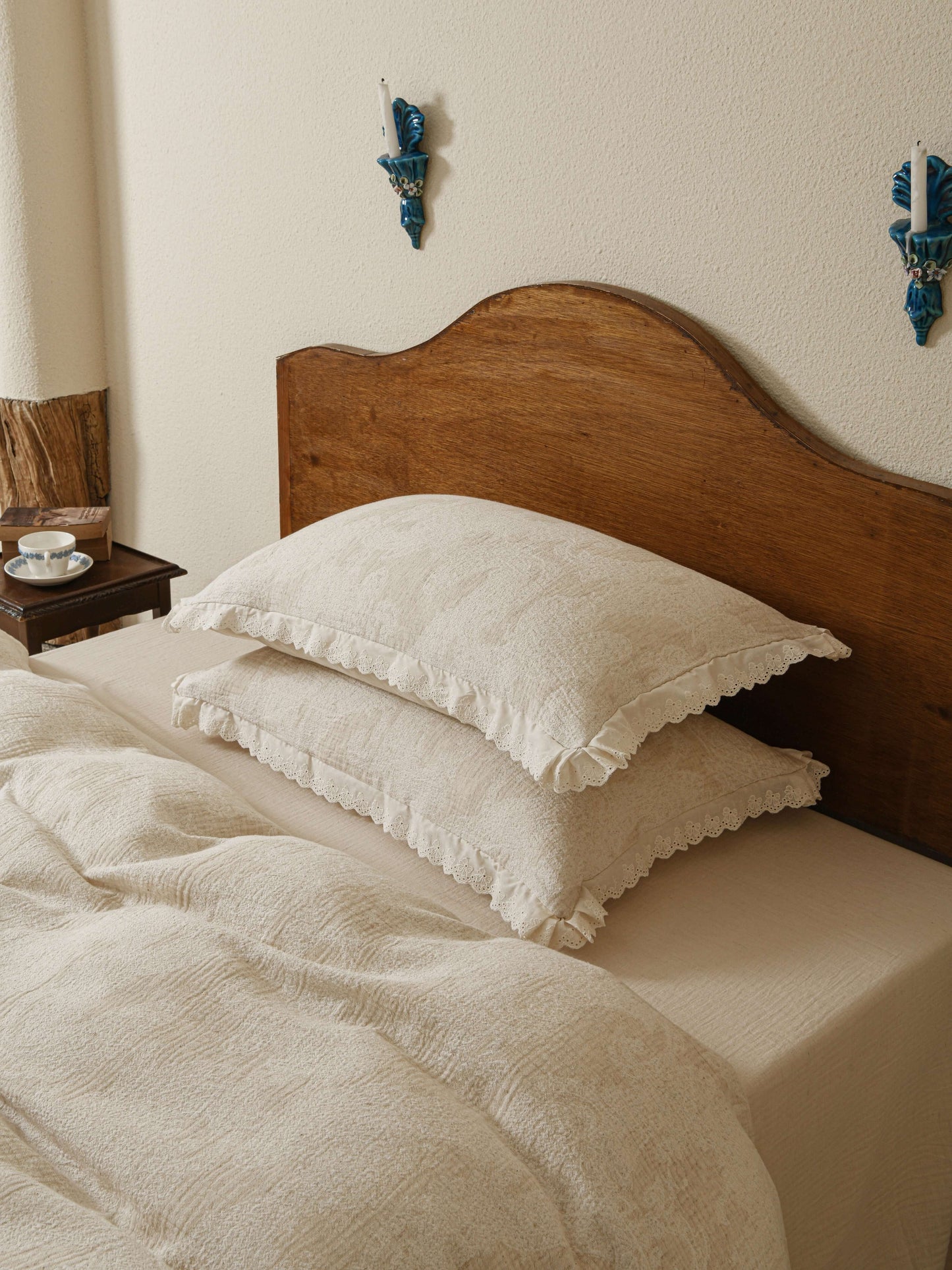 Beige Floral Linen Bedding Set