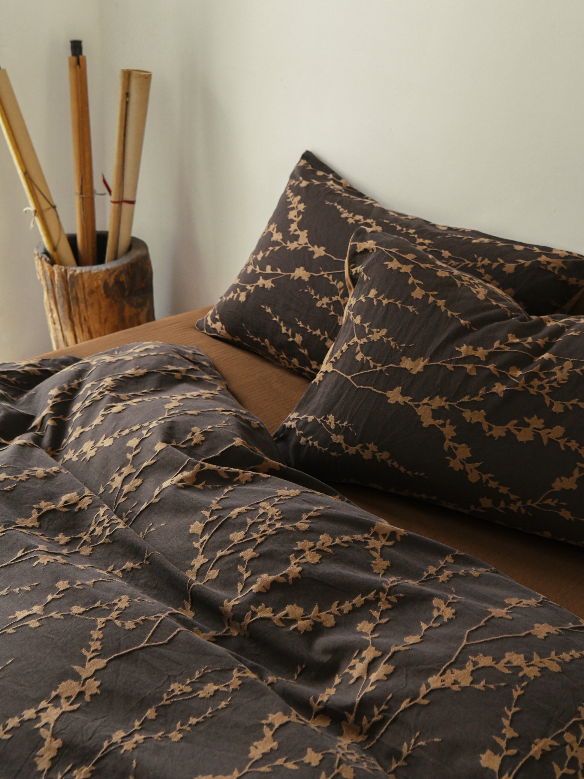 Cocoa Vine Bedding Set featuring brown vine pattern on soft fabric, perfect for earthy modern bedroom decor.