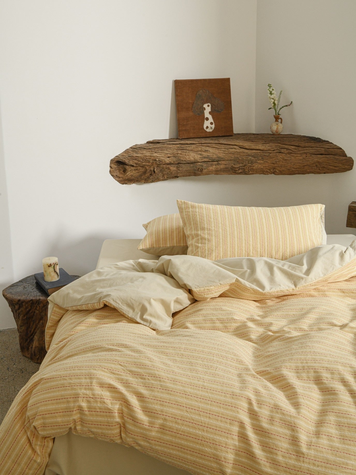 This yellow striped duvet set with red and white accents adds instant energy to modern, eclectic, or mid-century bedrooms. Recommend pairing with Pair with denim blues or crisp white furniture.